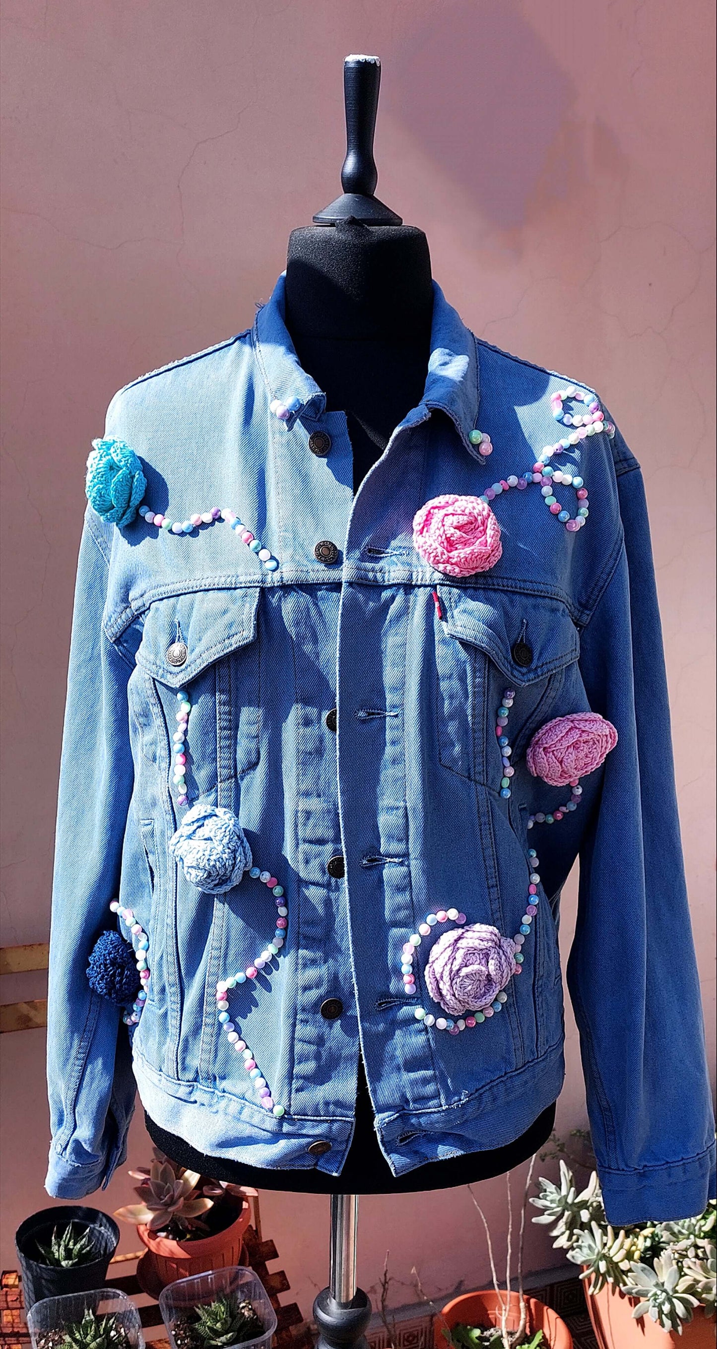 Upcycled Levi’s Denim Jacket with Beaded Embroidery and Crocheted Flowers
