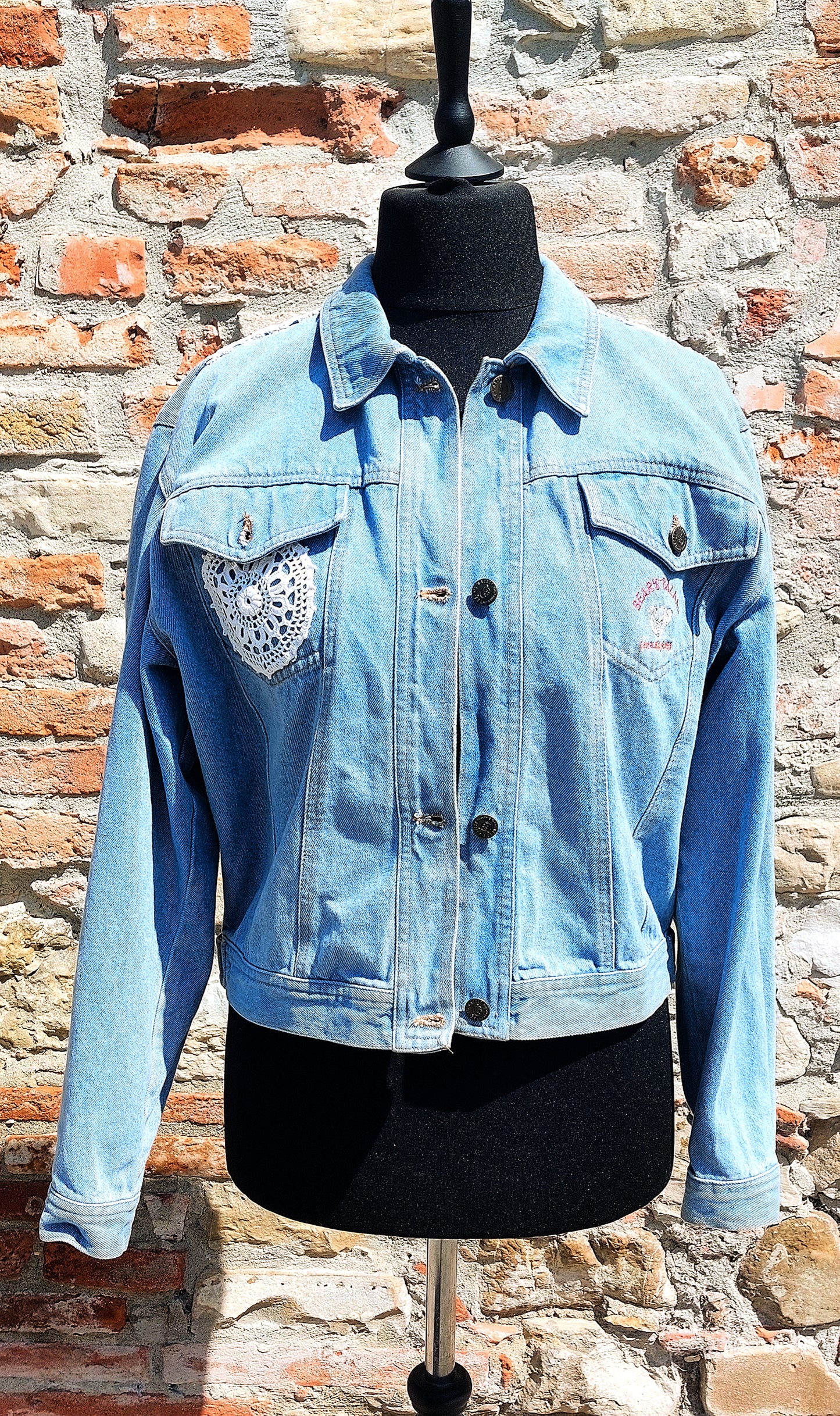 Upcycled Laura Biagiotti Denim Jacket with Vintage Doilies – One-of-a-Kind