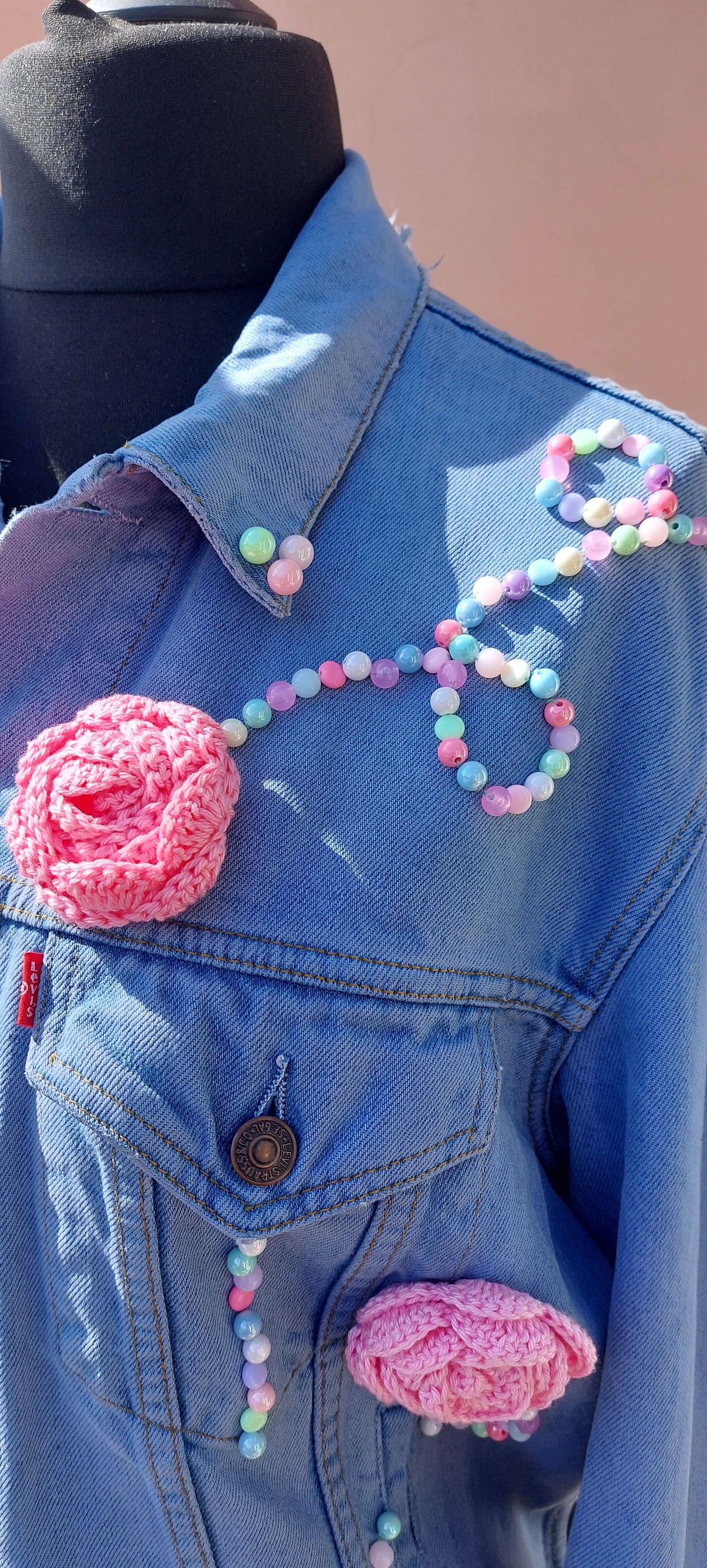 Upcycled Levi’s Denim Jacket with Beaded Embroidery and Crocheted Flowers