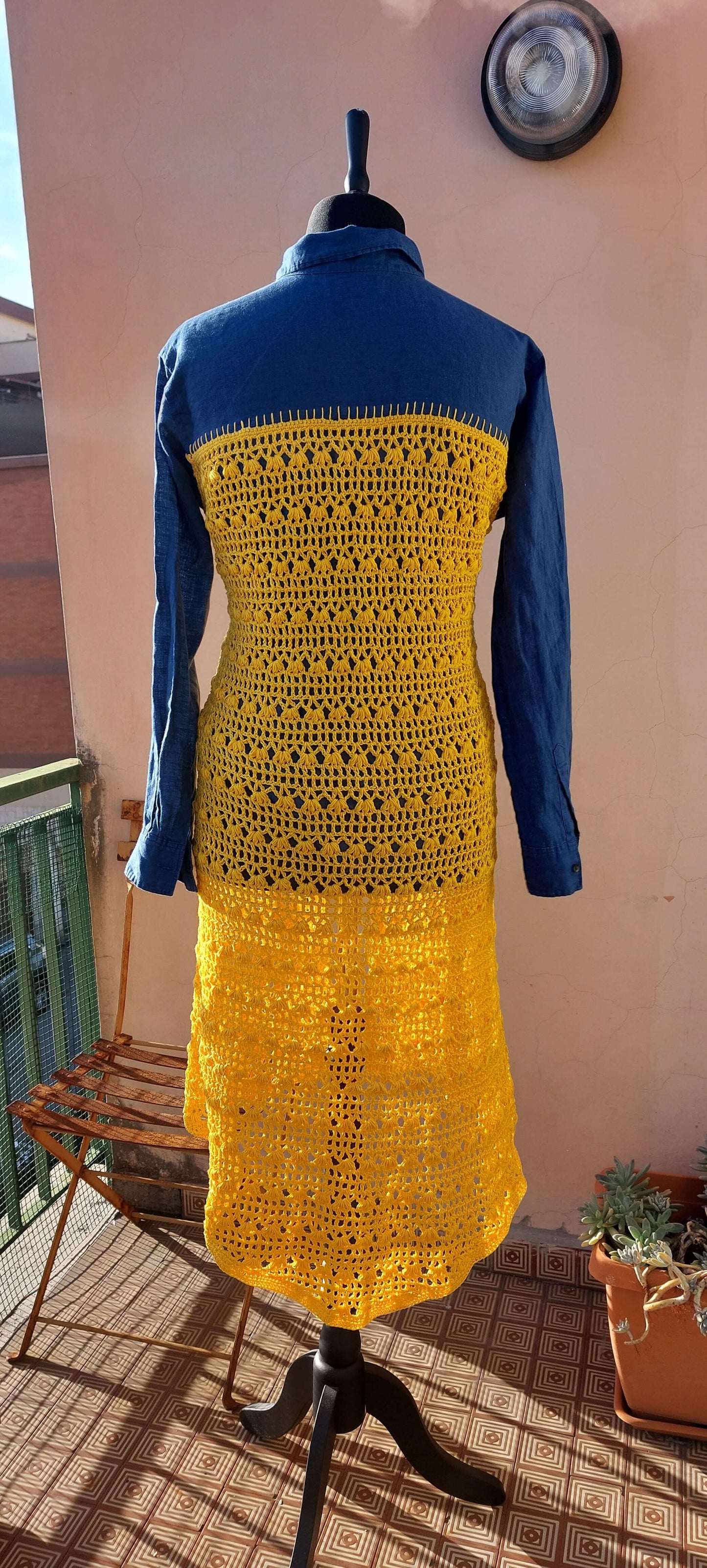 Upcycled Uniqlo Linen Shirt with Crocheted Back