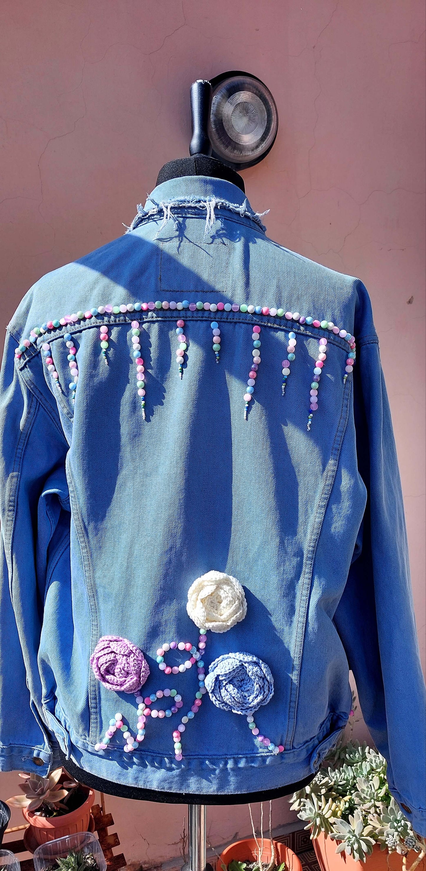 Upcycled Levi’s Denim Jacket with Beaded Embroidery and Crocheted Flowers