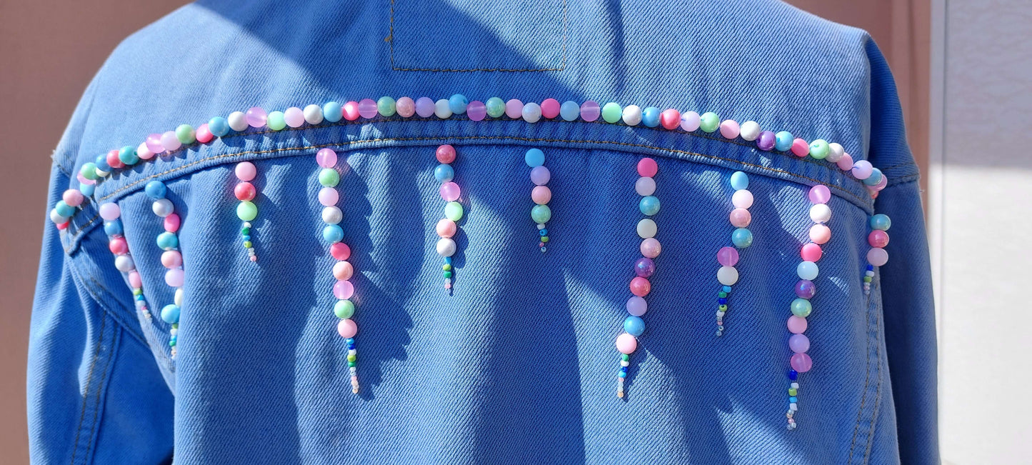 Upcycled Levi’s Denim Jacket with Beaded Embroidery and Crocheted Flowers