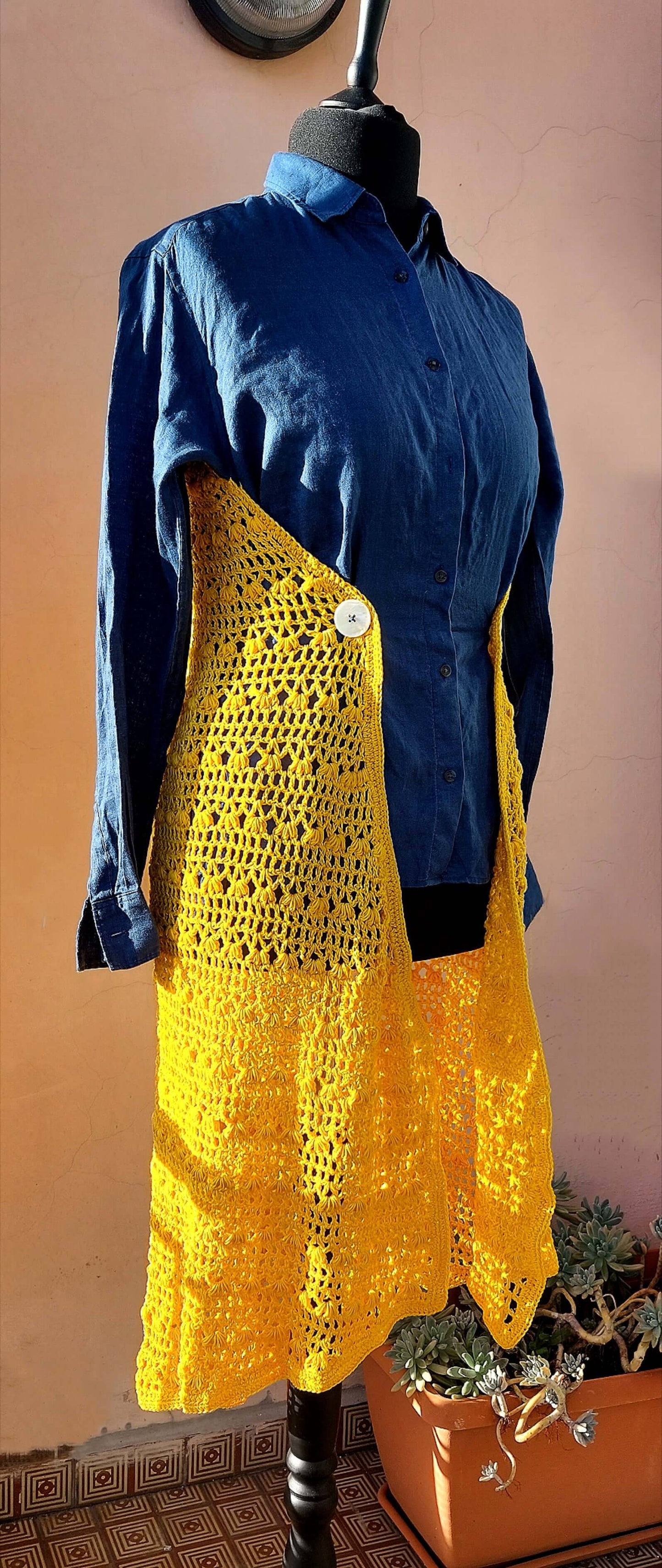 Upcycled Uniqlo Linen Shirt with Crocheted Back