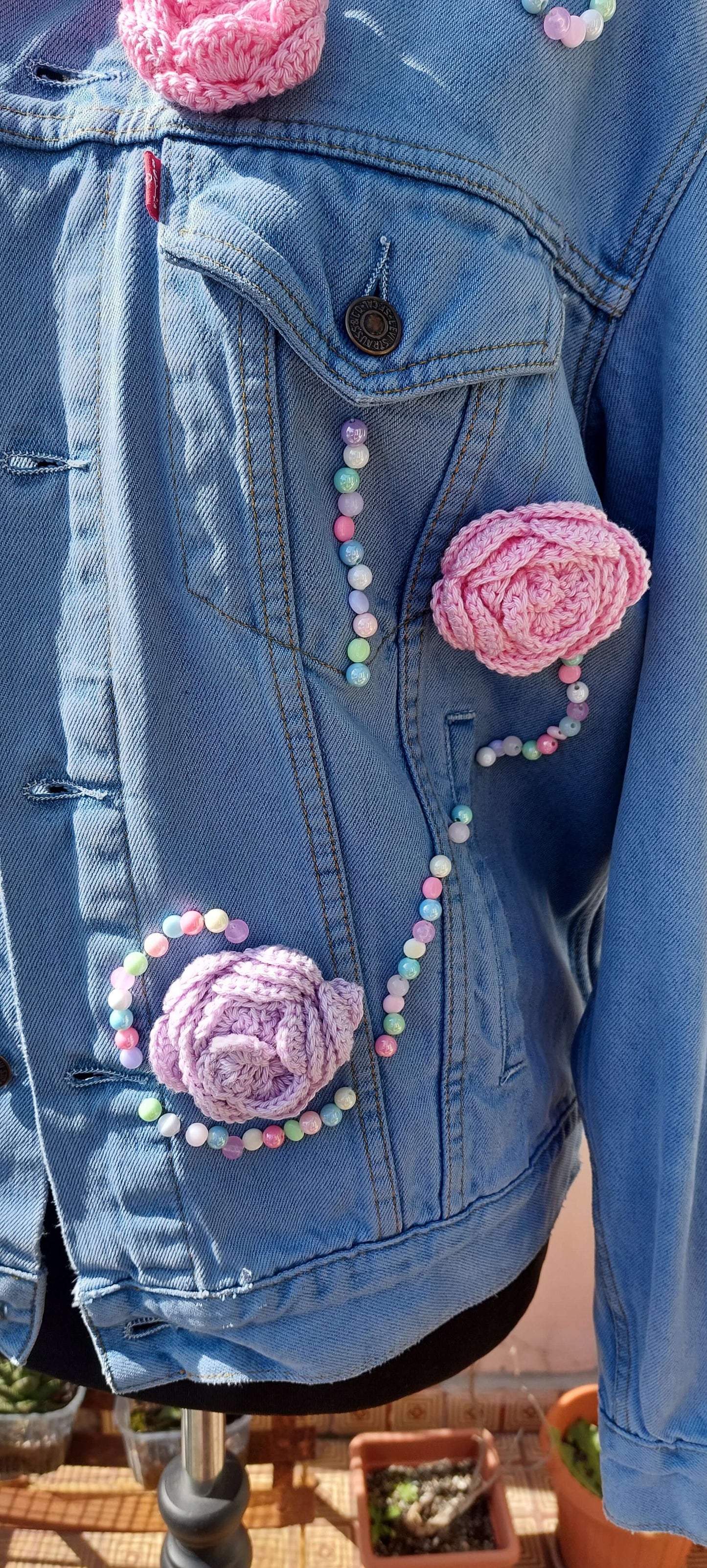 Upcycled Levi’s Denim Jacket with Beaded Embroidery and Crocheted Flowers
