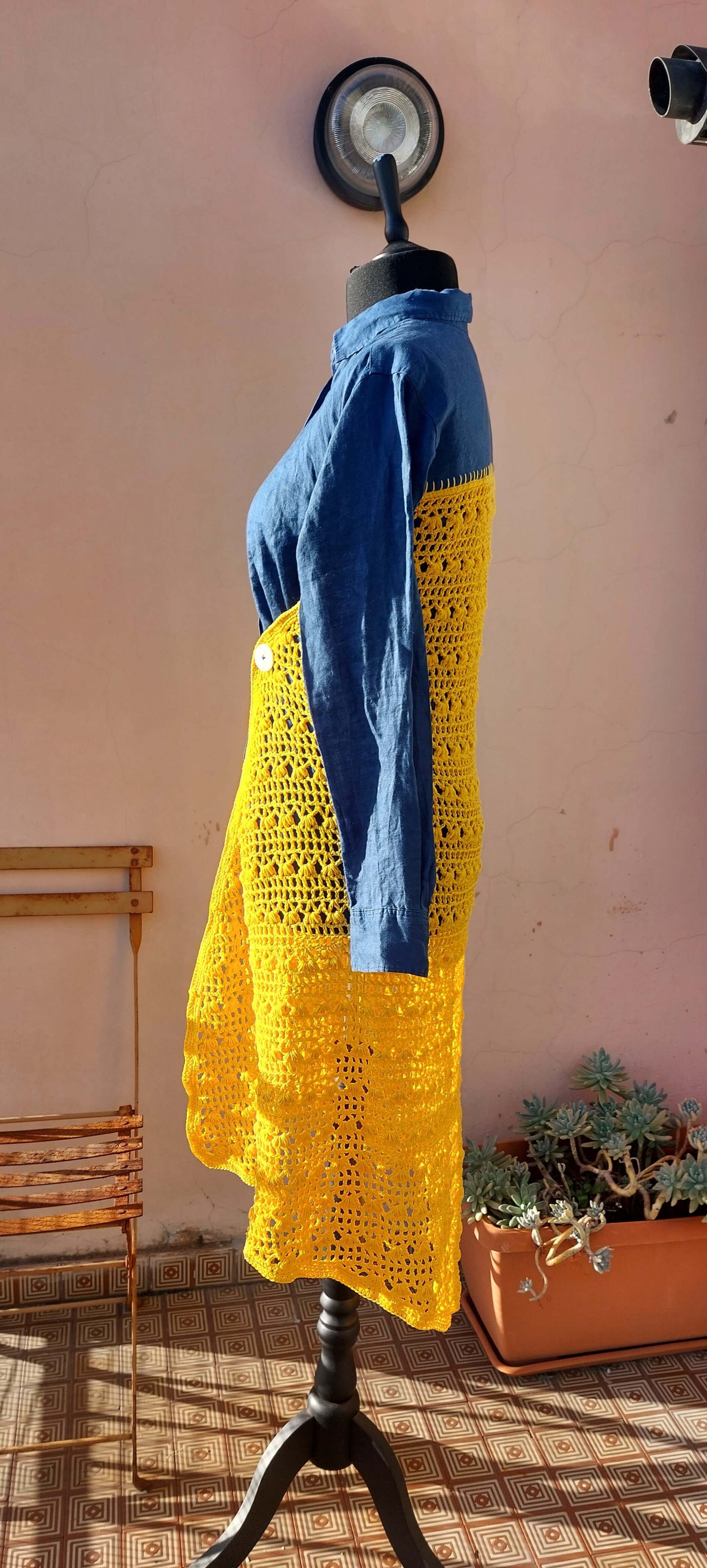 Upcycled Uniqlo Linen Shirt with Crocheted Back