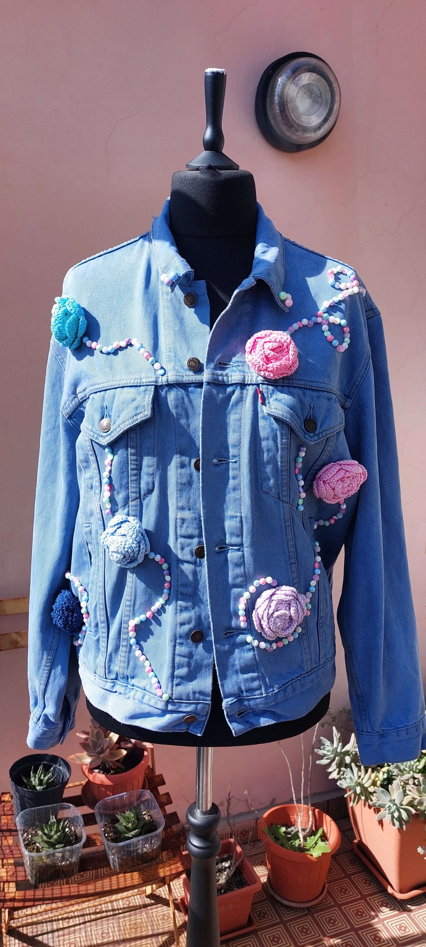 Upcycled Levi’s Denim Jacket with Beaded Embroidery and Crocheted Flowers