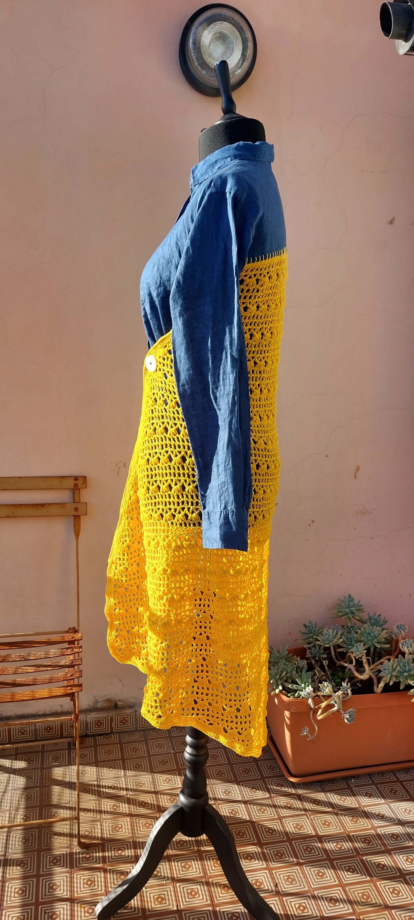 Upcycled Uniqlo Linen Shirt with Crocheted Back