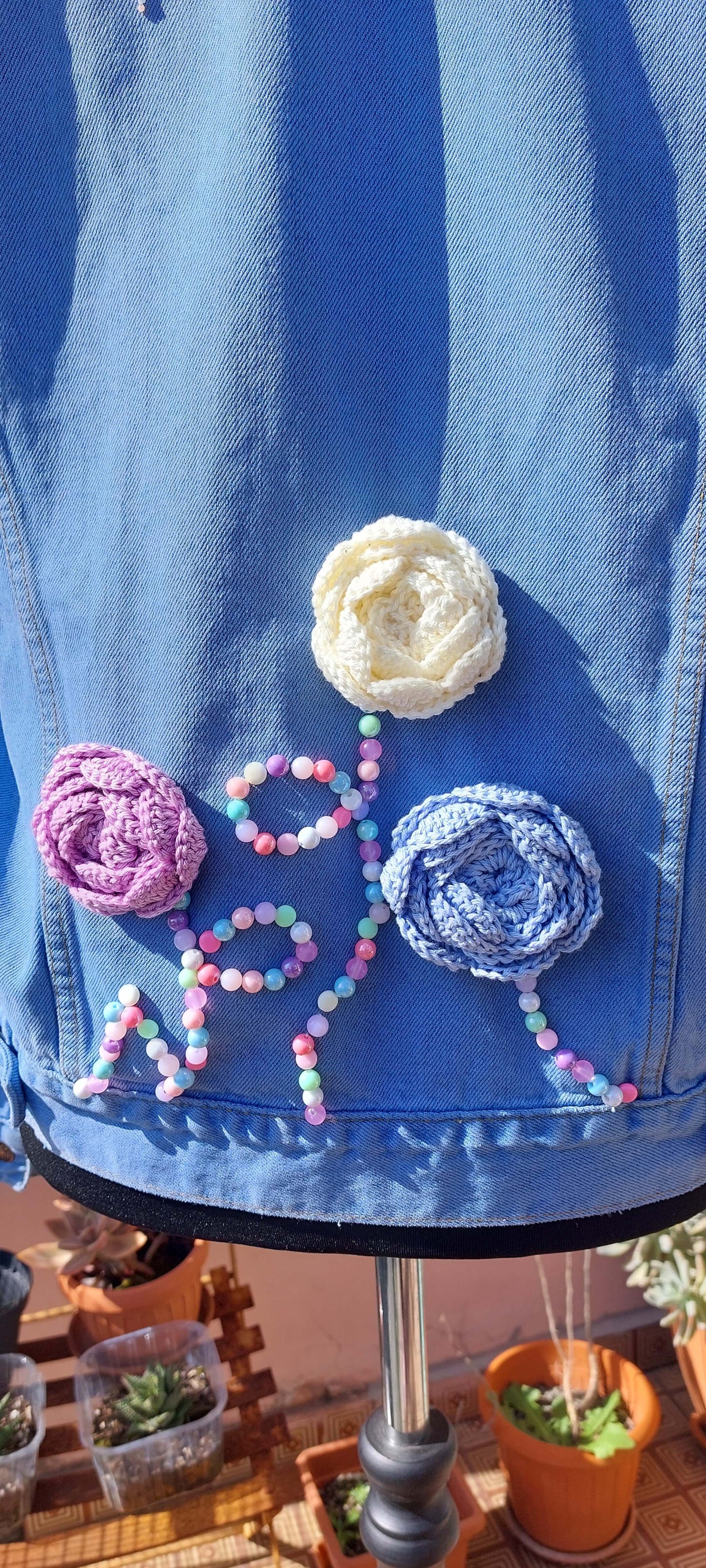 Upcycled Levi’s Denim Jacket with Beaded Embroidery and Crocheted Flowers