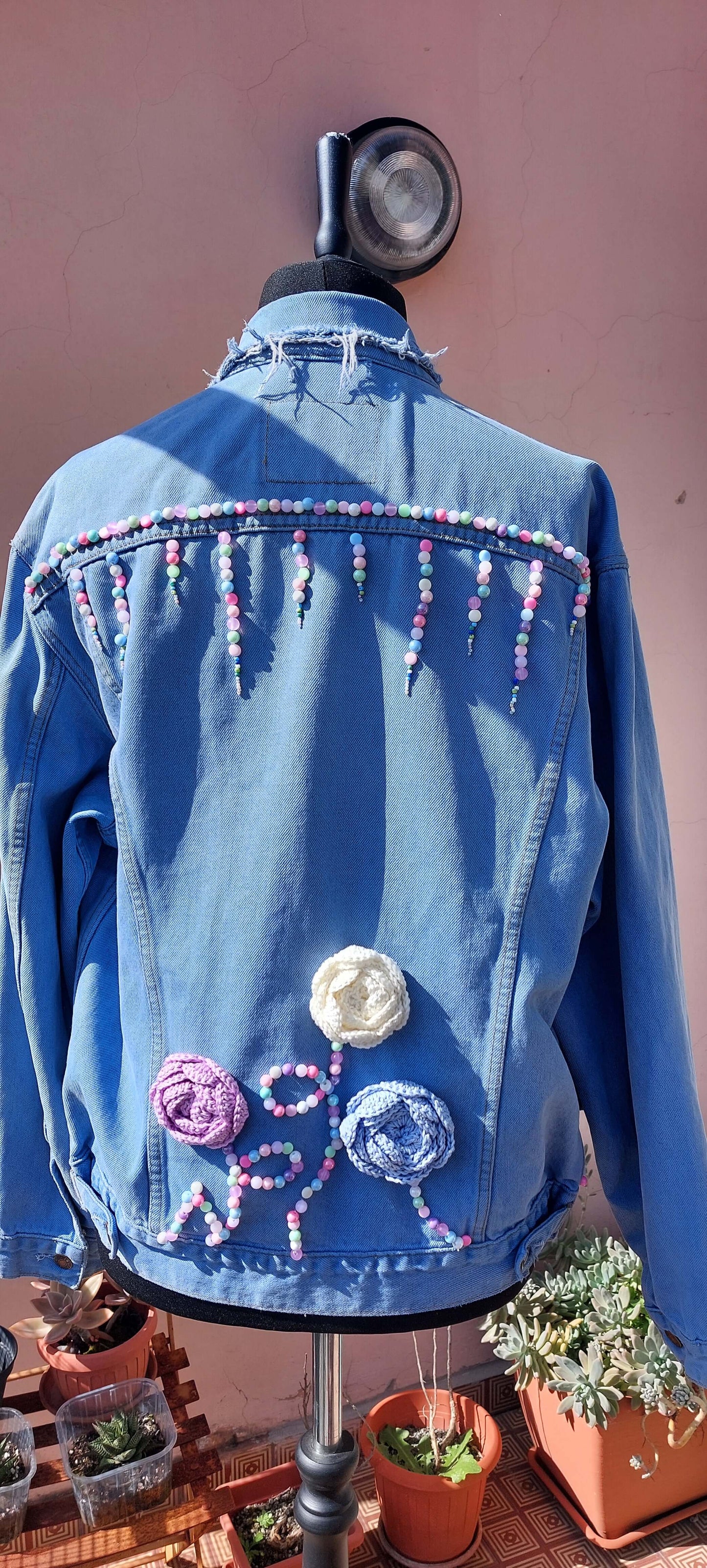 Upcycled Levi’s Denim Jacket with Beaded Embroidery and Crocheted Flowers