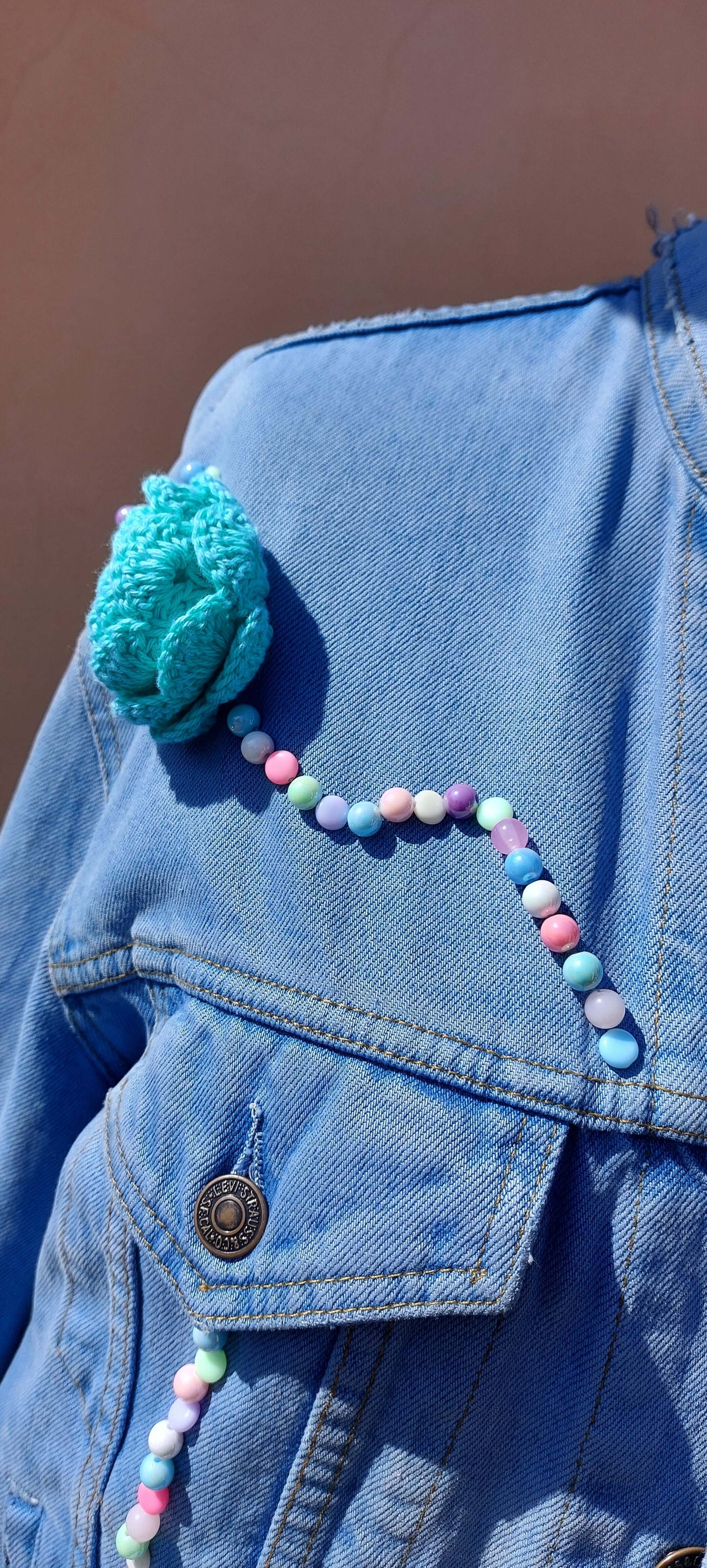 Upcycled Levi’s Denim Jacket with Beaded Embroidery and Crocheted Flowers