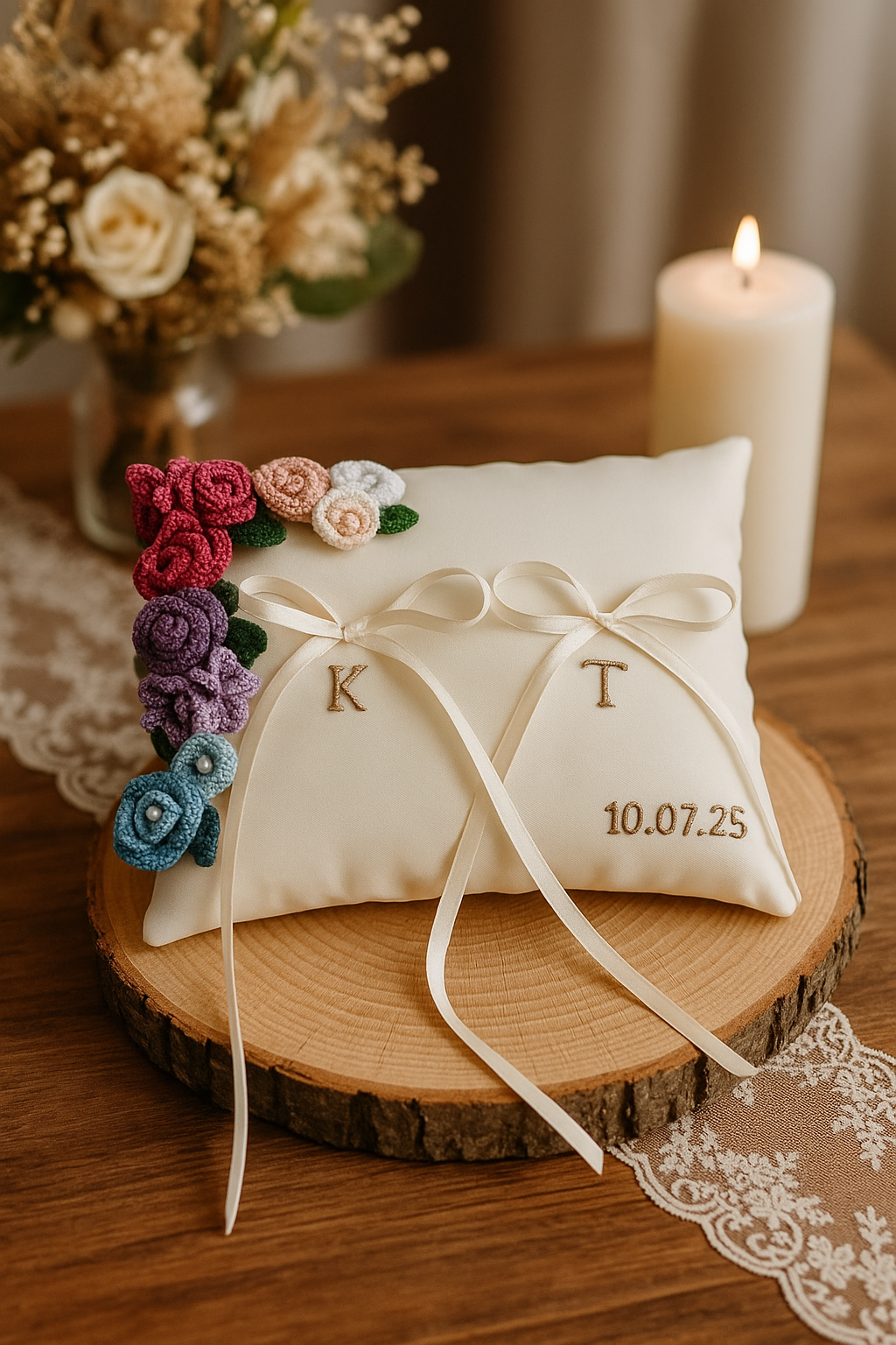 Handmade Ring Pillow with Crocheted Flowers – Custom and Exclusive